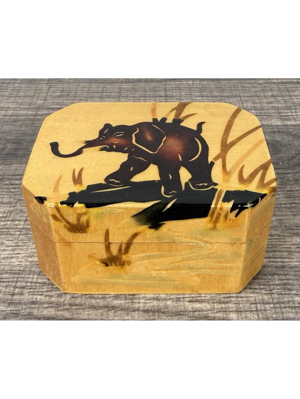 Vintage Chinese Hand Painted Wooden Elephant Trinket Jewelry Box Safari